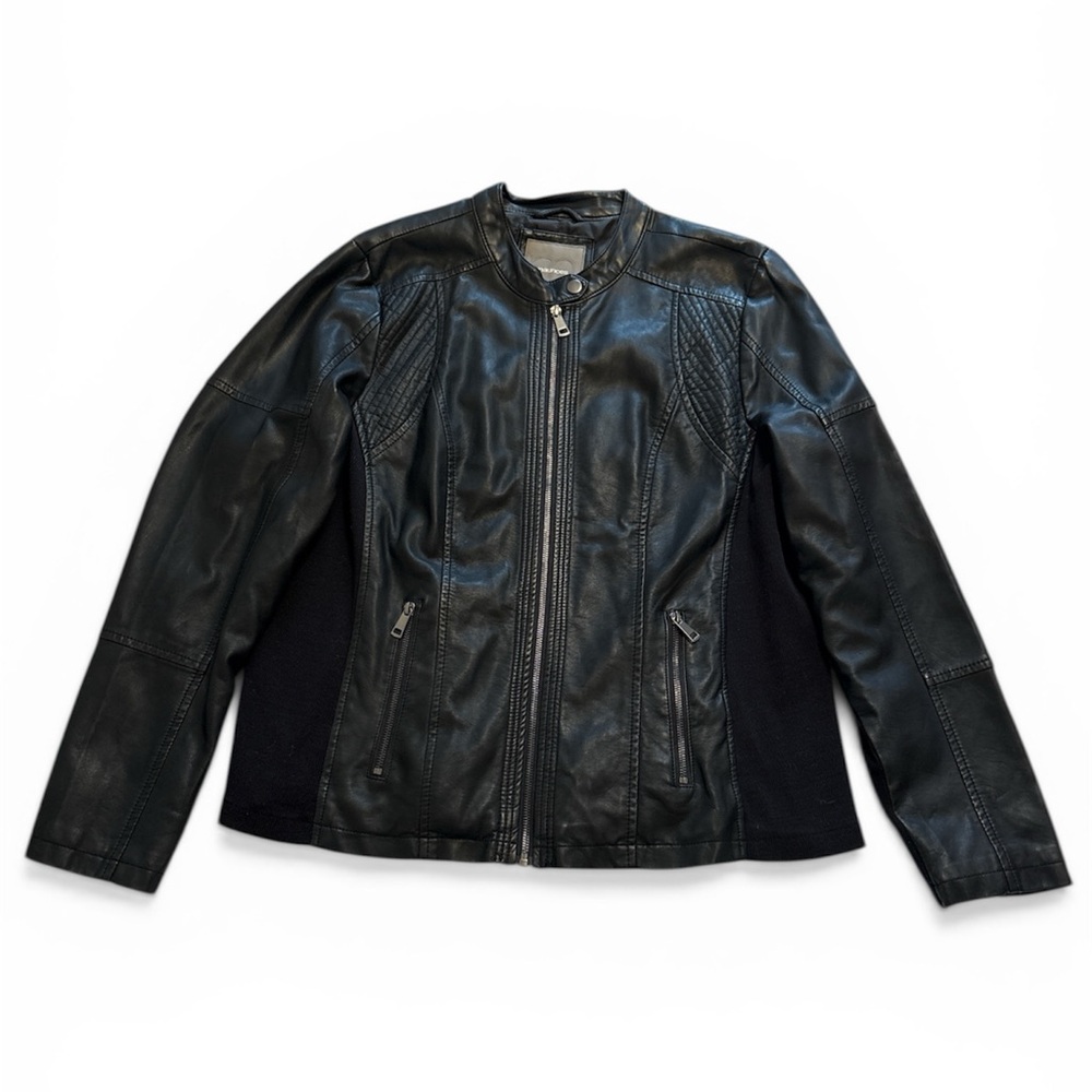 Maurices Plus Size 0X Black Faux Leather Moto Biker Jacket Knit Insert Edgy Chic